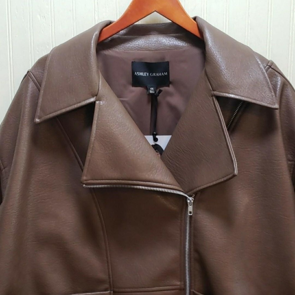 Ashley Graham Jacket Womens Plus 4X Brown Faux Leather Moto Full Zip Pockets